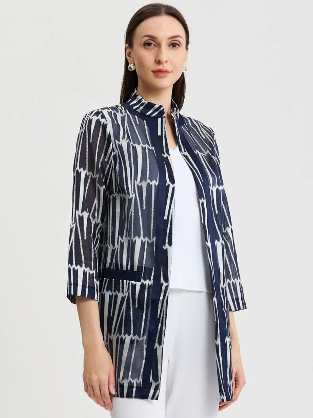Ming Wang $306 Heritage Novelty Woven Burnout Topper Indigo/White Sz OX NWT!